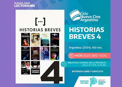 La Plata: Proyectarán "Historias Breves 4", en una nueva entrega del Ciclo de Nuevo Cine Argentino